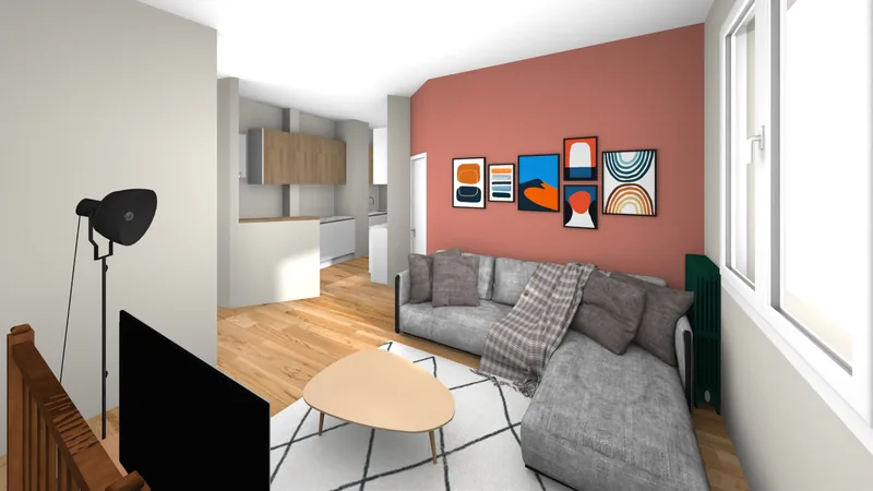 Rendu 3D d'un séjour réaménagé avec mur terracotta et cuisine ouverte